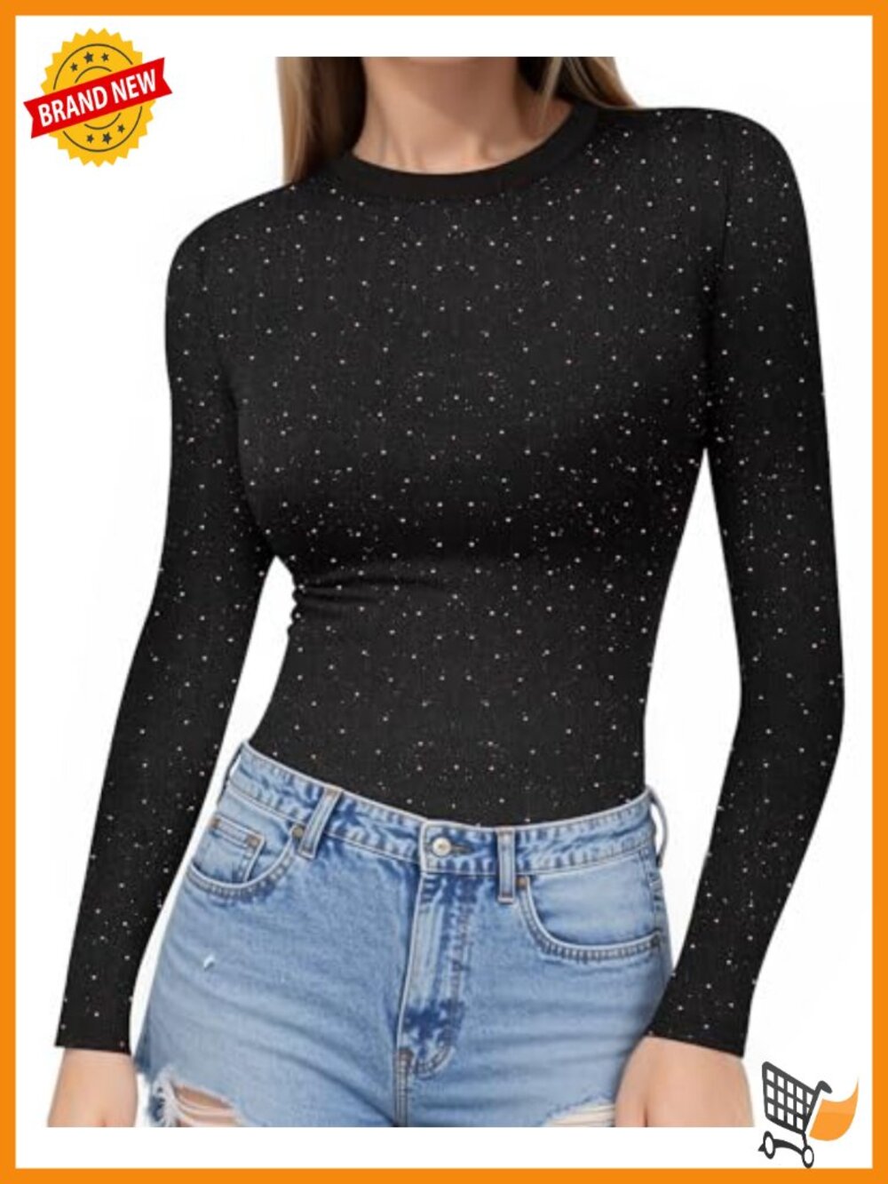 Fitted Long Sleeve Crew Neck Glitter T-Shirt Women Seamless Basic Tee Top